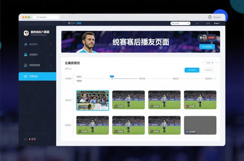 比赛结束后，电视屏幕展示集锦回放页面，旁边有时间轴和多角度切换提示